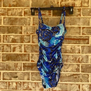 Robby Len Blue Paisley Shirred One Piece Swim Suit